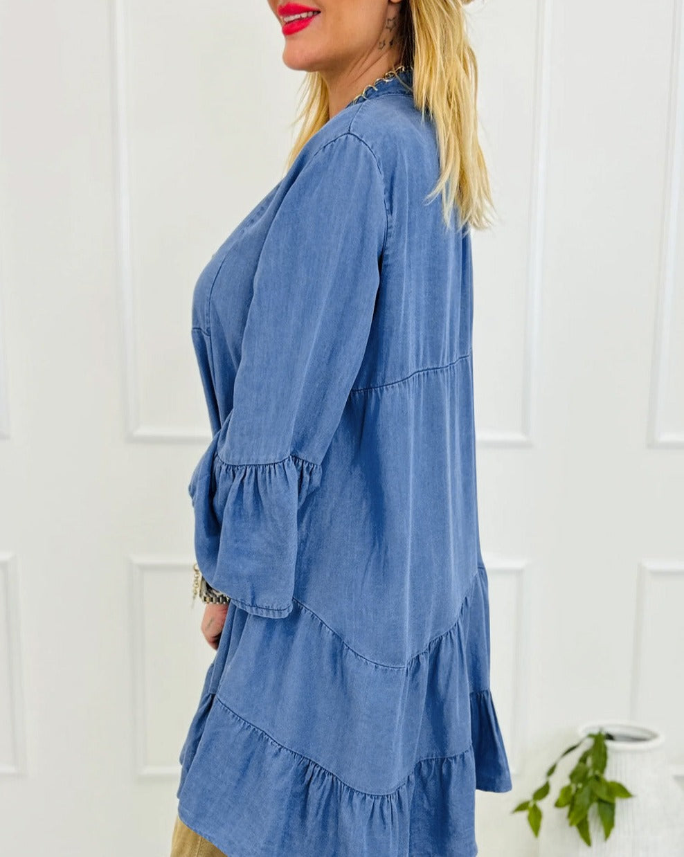 Chambray Ruffle 3/4 Sleeve Mini Dress