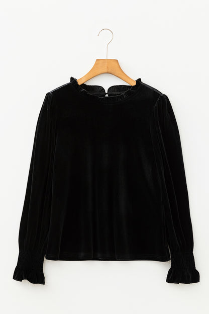 Solid Velvet Frilled Collar Smocked Puff Sleeve Blouse
