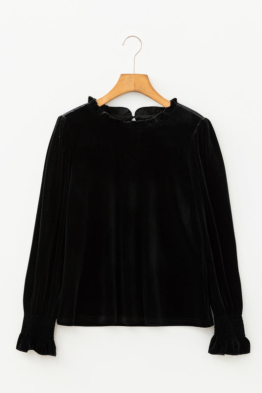 Solid Velvet Frilled Collar Smocked Puff Sleeve Blouse