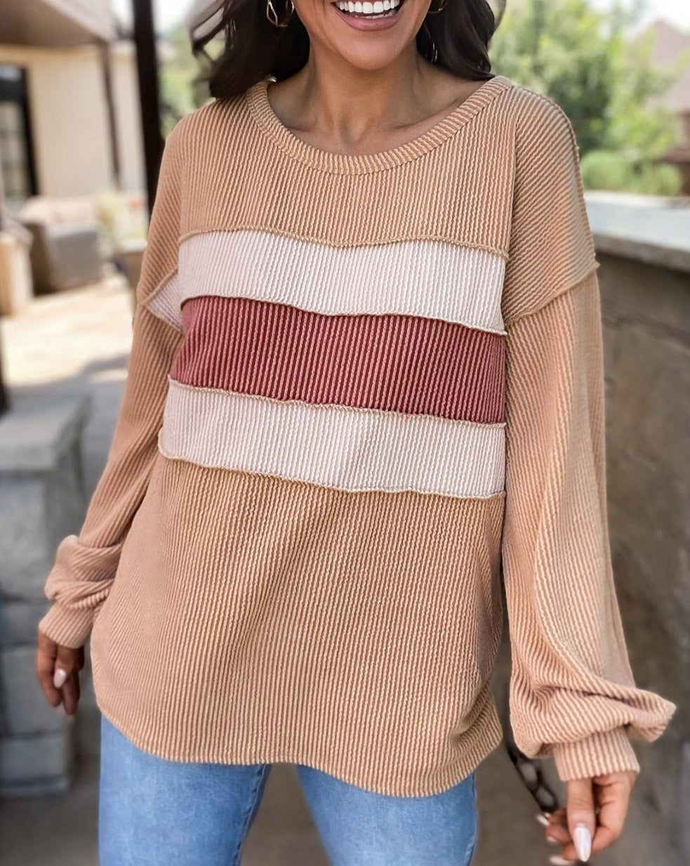 Colorblock Ribbed Exposed Seam Sweatshirt