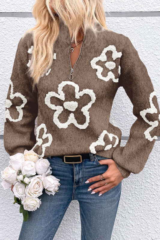 Floral Contrast Half Zip Sweater