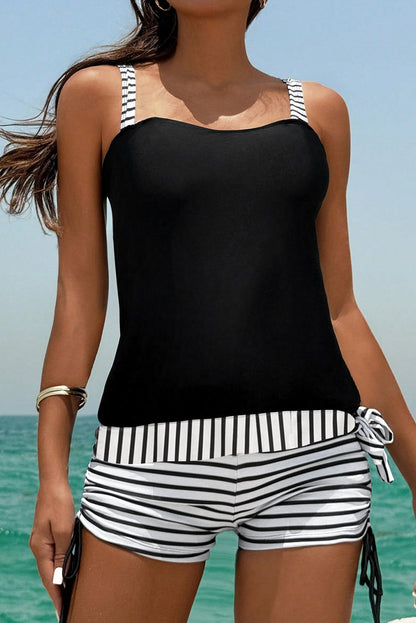 Stripe Drawstring Bottoms Tankini Set