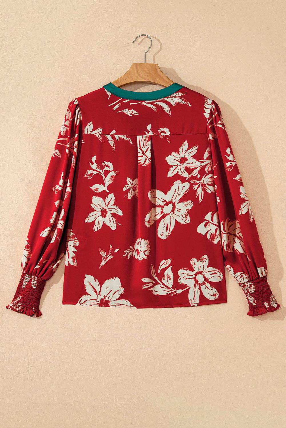 Flower Tied Neck Shirred Puff Sleeve Blouse