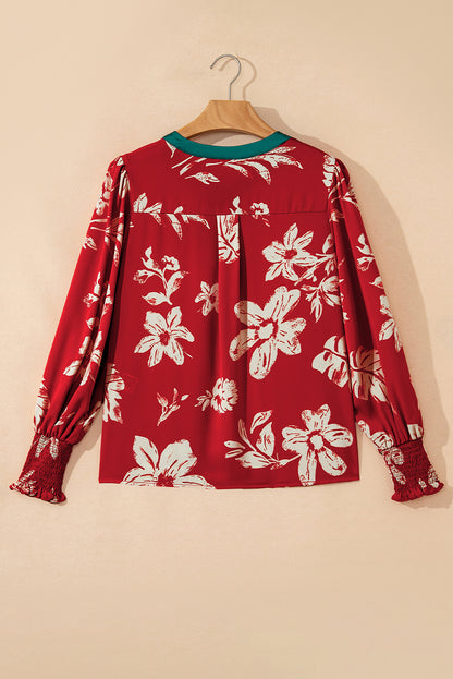 Flower Tied Neck Shirred Puff Sleeve Blouse