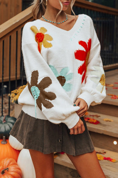 Floral V-Neck Drop Shoulder Sweater