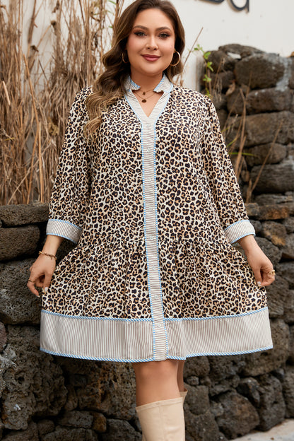Plus Size Leopard Stripe Trim V-Neck Mini Dress