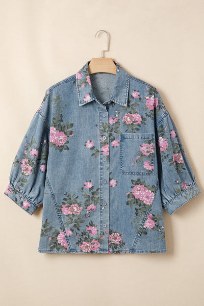 Floral Denim 3/4 Sleeve Buttoned Shirt
