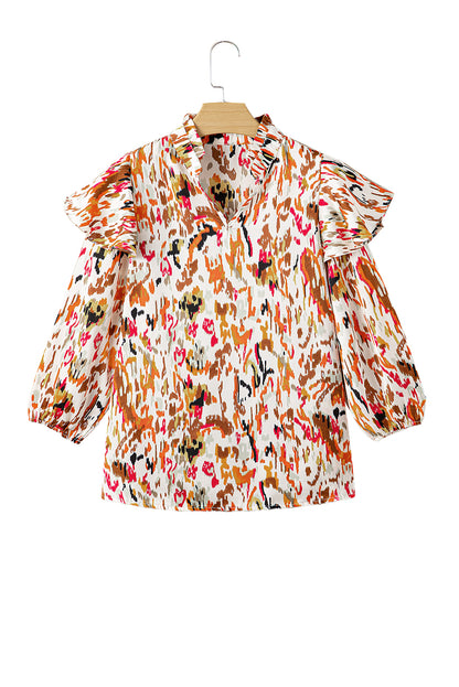 Abstract Ruffle 3/4 Puff Sleeve Blouse