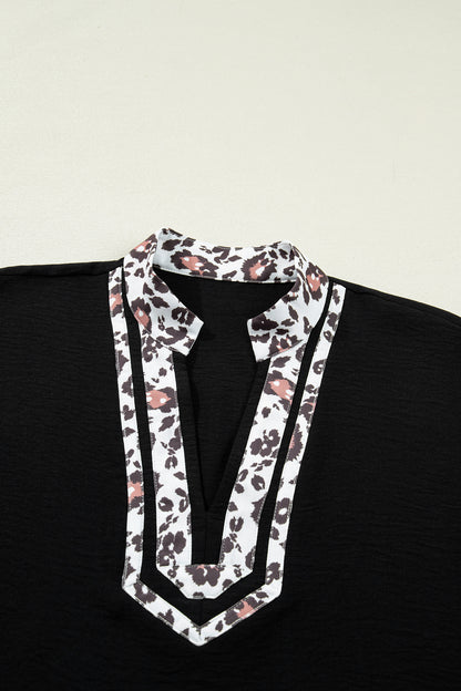 Leopard Patchwork Dolman Sleeve V-Neck Blouse
