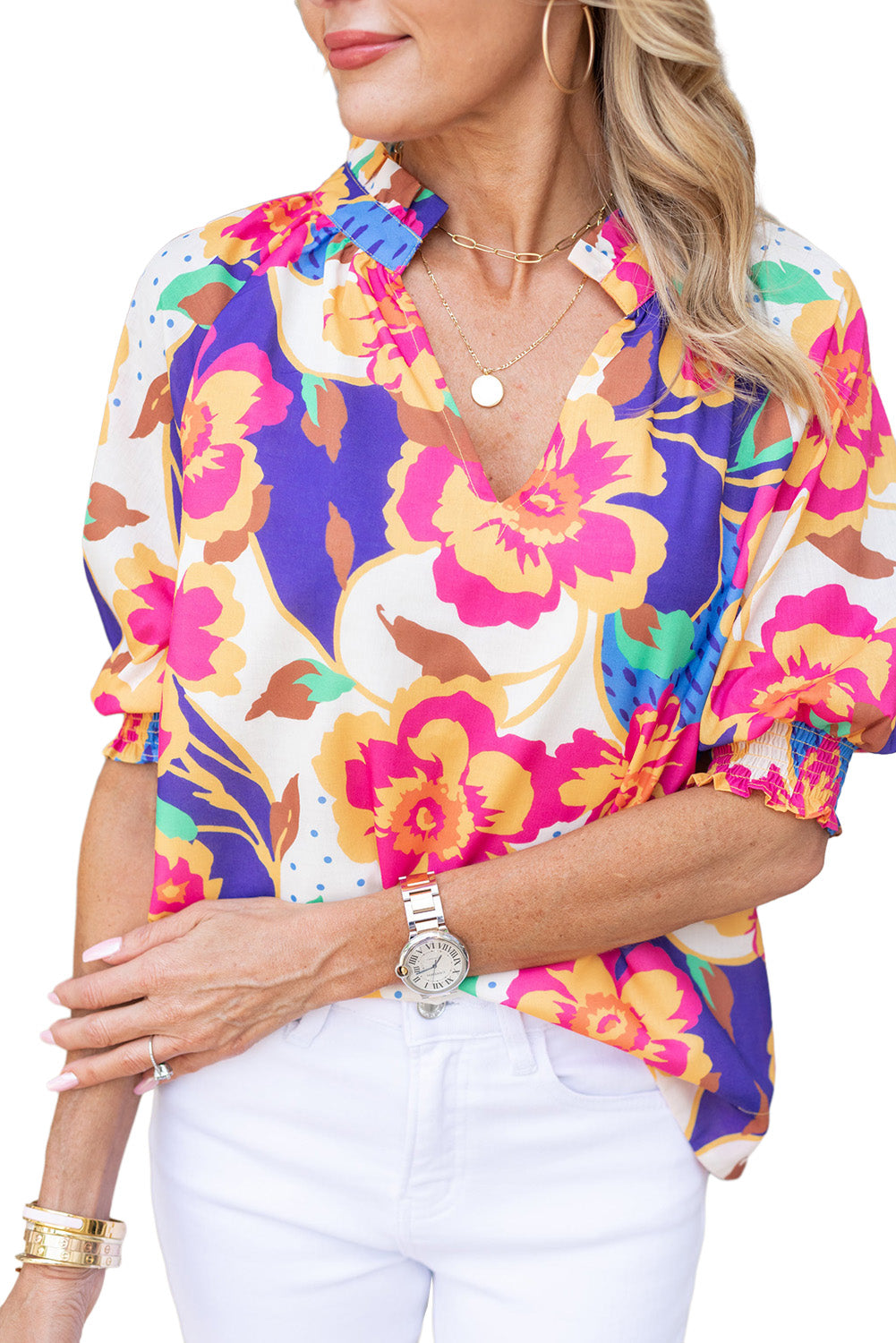 Floral Split Neck Frilled Blouse