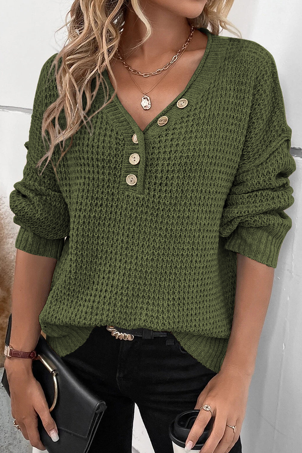 Chunky Waffle Buttoned V-Neck Sweater