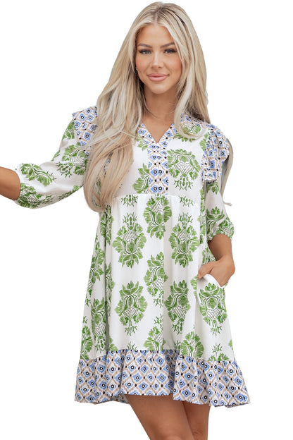 Floral Patchwork Ruffle 3/4 Sleeve Mini Dress