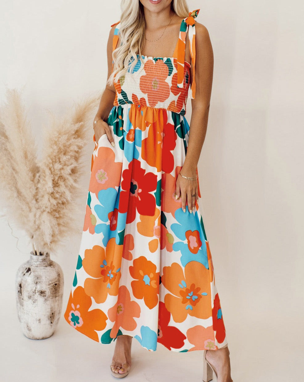 Floral Smocked Pocketed Maxi Dress