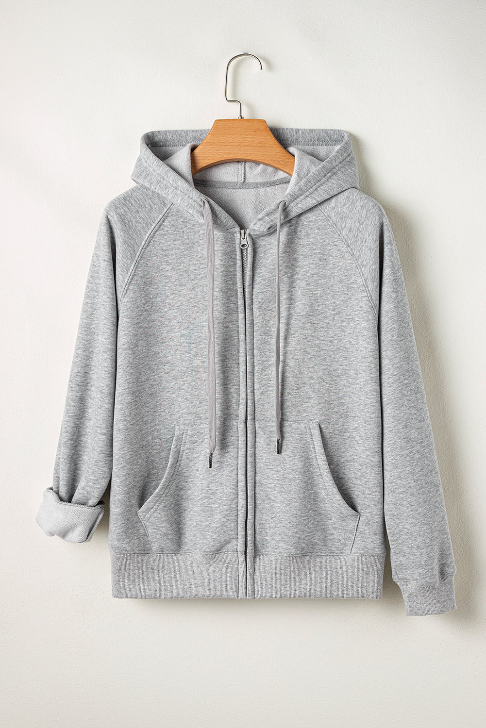 Solid Zip Up Pocketed Hoodie