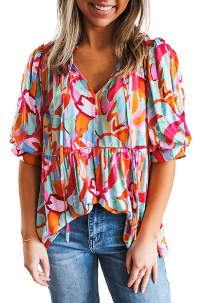 Abstract Puff Sleeve V-Neck Blouse