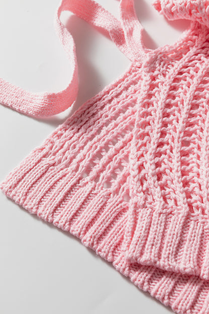 Plus Size Crochet Bow Tie Short Sleeve Sweater