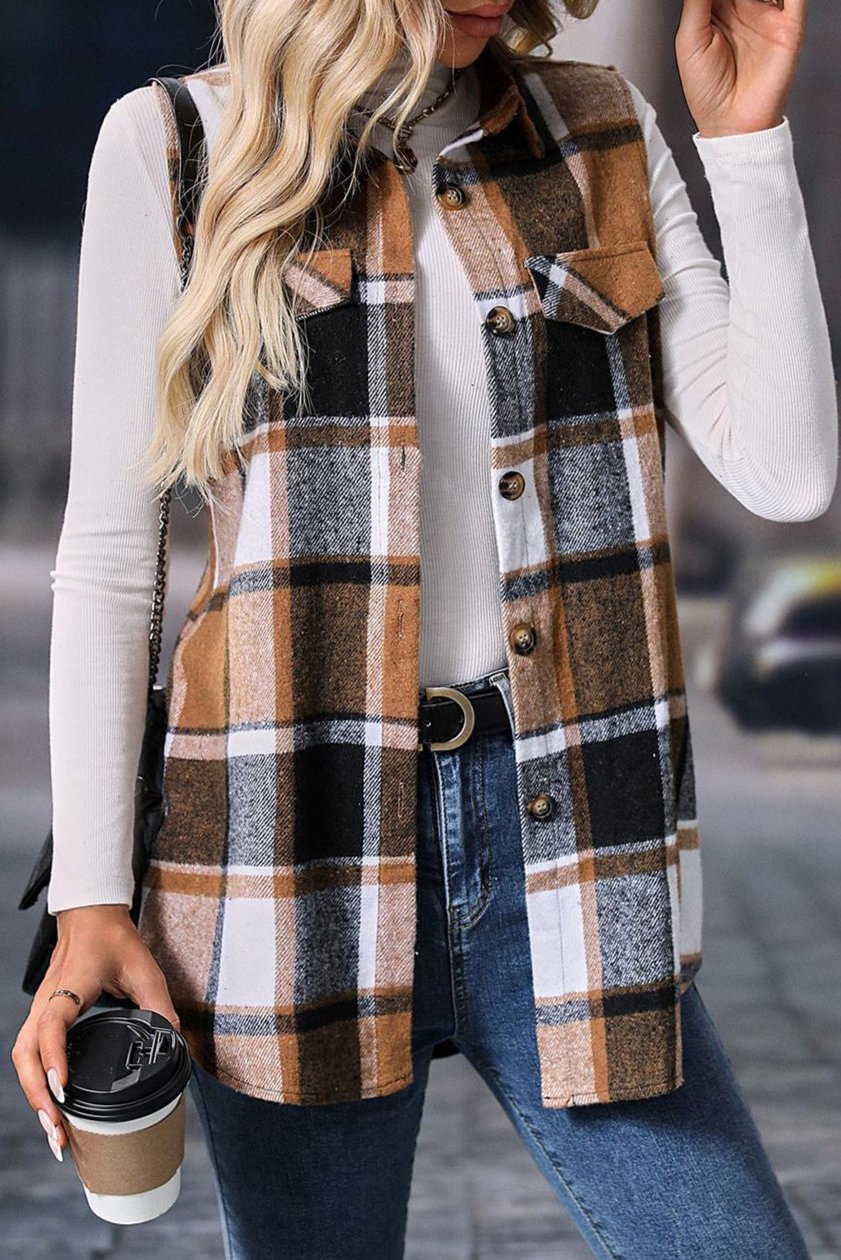 Plaid Button-Up Collared Vest