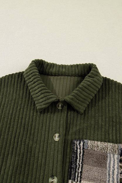 Plaid Patchwork Sleeve Button-Up Ribbed Fleece Jacket