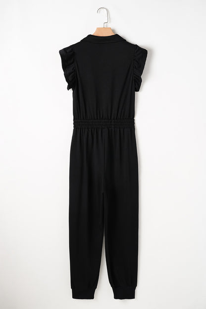 Solid Zipper Flutter Sleeve Jumpsuit