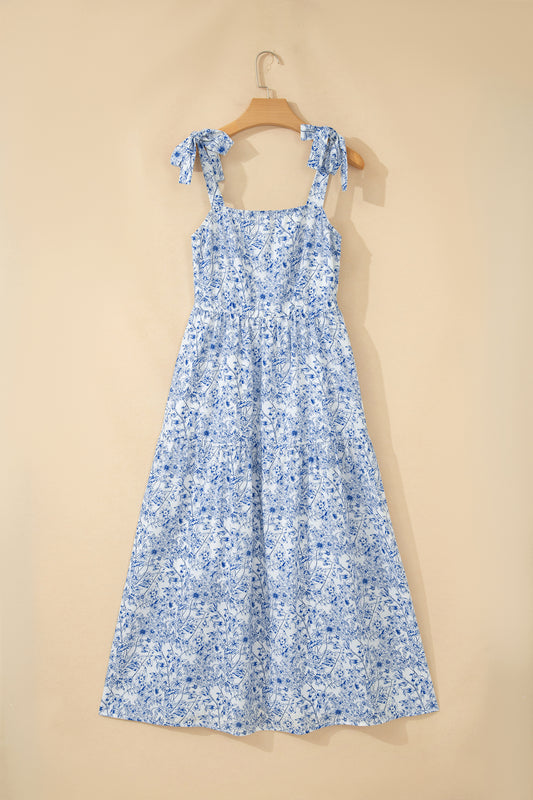 Floral Tie Strap Flared Maxi Dress
