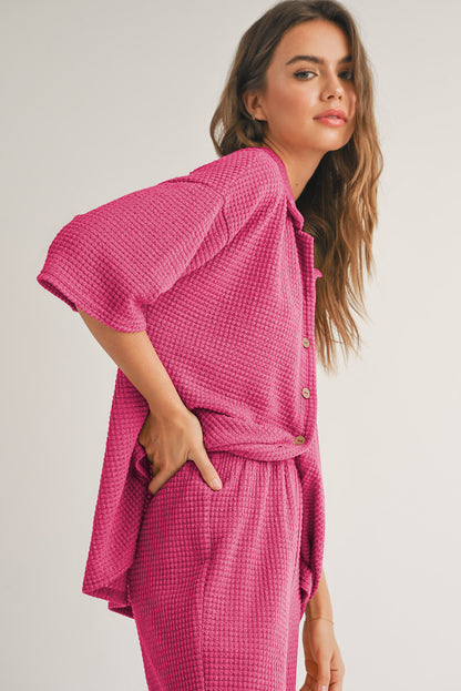 Solid Textured Buttoned Shirt and Pants Set