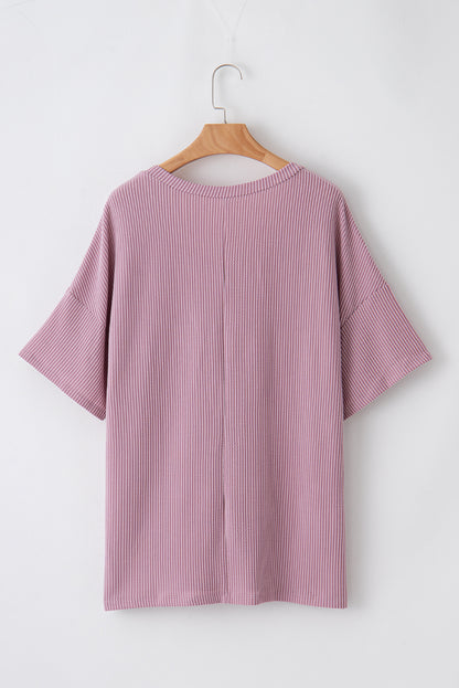 Plus Size Solid Corded Knit V-Neck T-Shirt