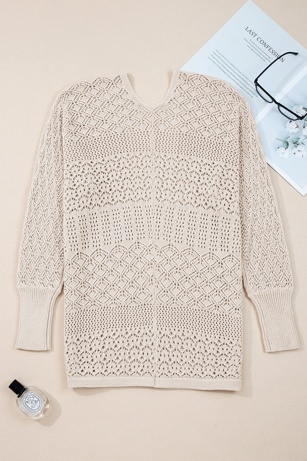 Solid Hollow Knit Open-Front Cardigan