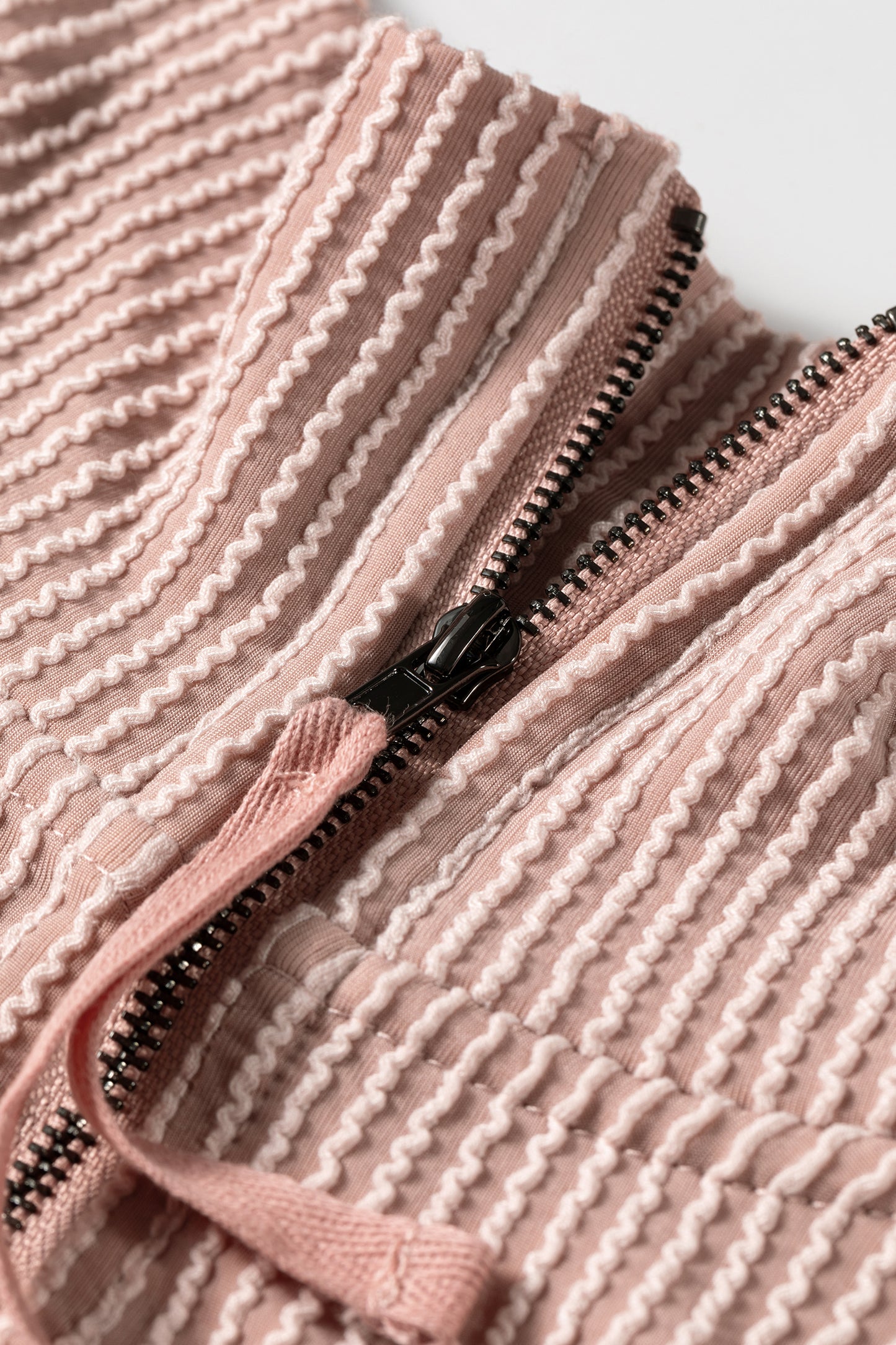 Corded Knit Zipper Collar Drop Shoulder Long Sleeve Top