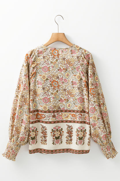 Floral Tie Neck Lantern Sleeve Blouse