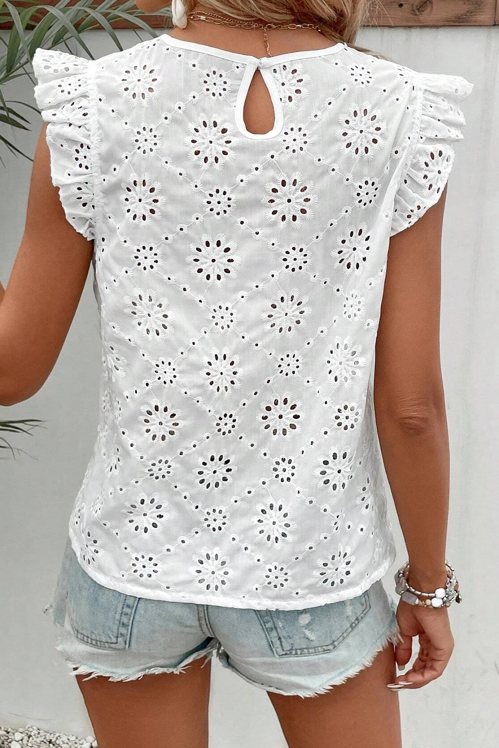 Eyelet Embroidered Flutter Sleeve Blouse