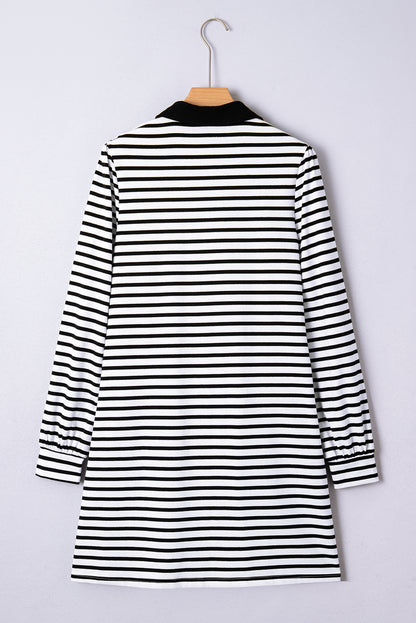 Stripe Collared Pocketed Long Sleeve T-Shirt Dress