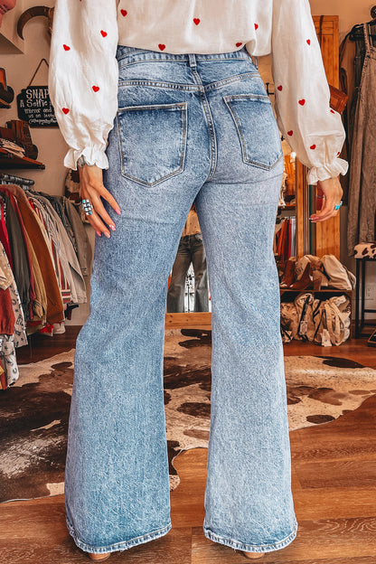 Denim Acid Wash Pockets Flare Jeans