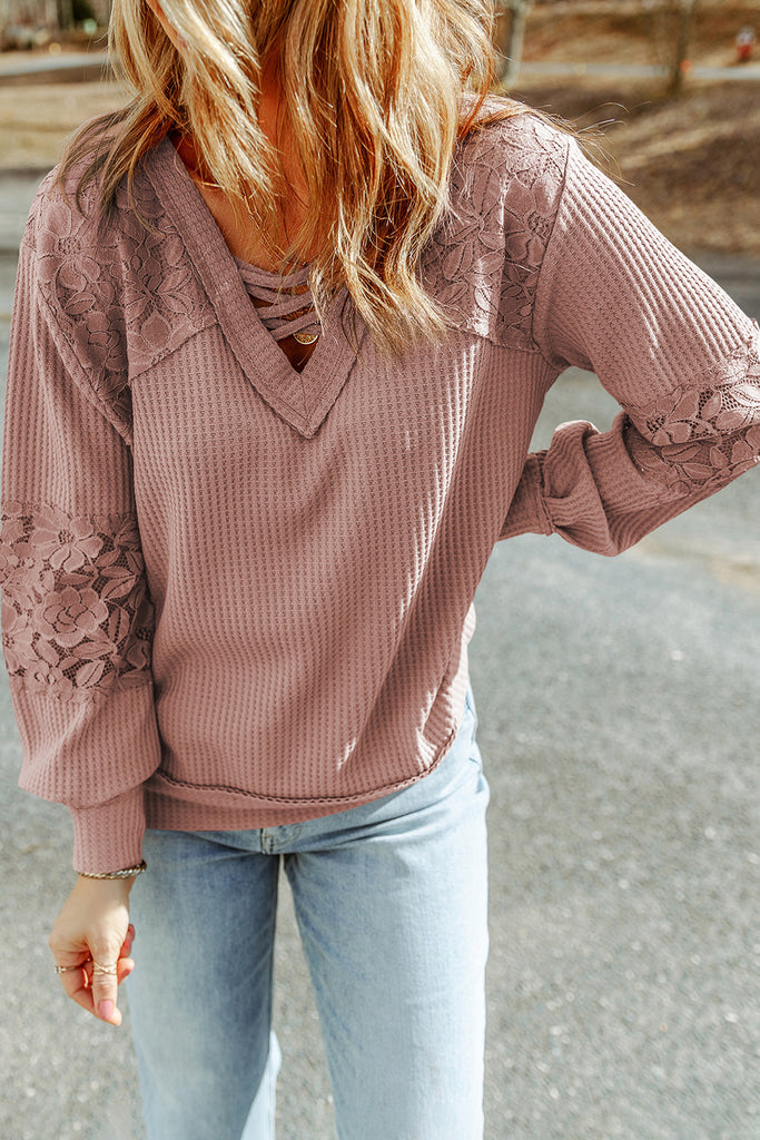 Lace Waffle Patchwork Long Sleeve Top