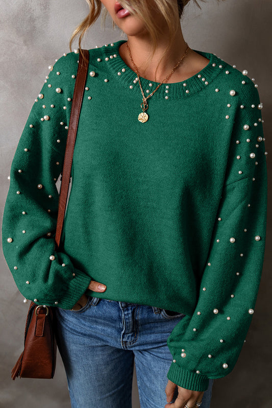 Solid Pearl Drop Shoulder Round Neck Sweater