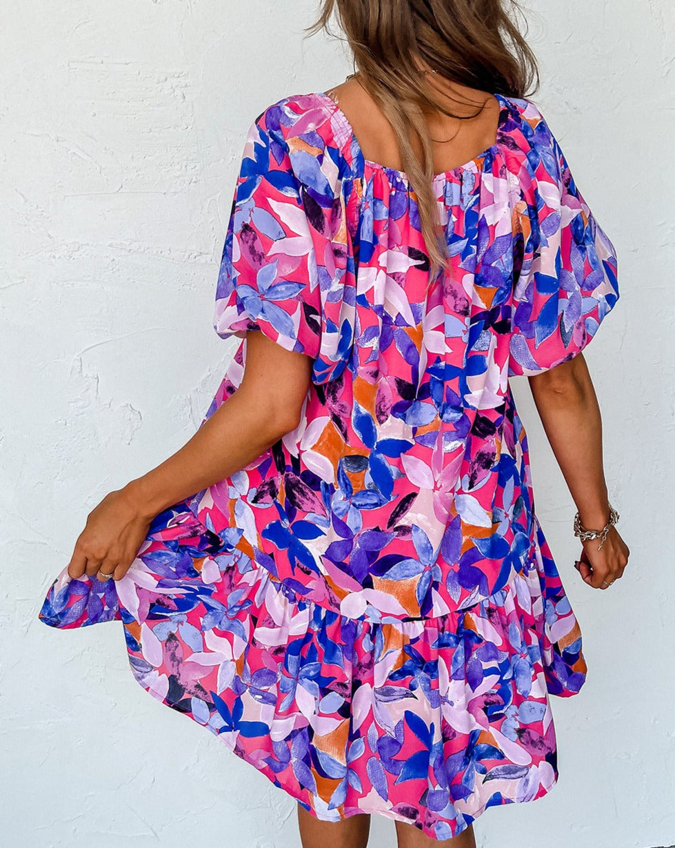 Floral Short Puff Sleeve Ruffle Dress