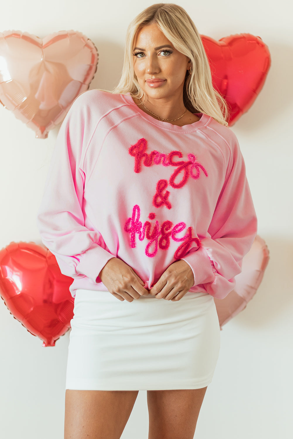 Valentine Hugs & Kisses Tinsel Embroidered Sweatshirt