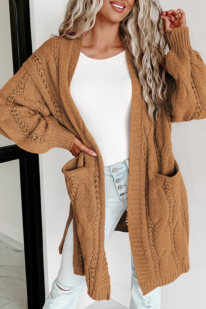 Open Front Pocketed Cable Cardigan