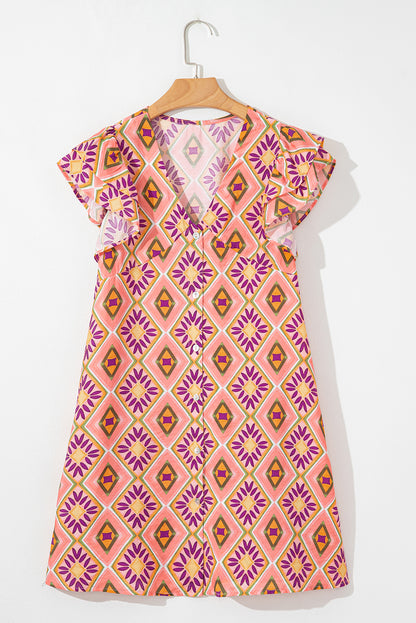 Geometric Floral V-Neck Button-Front Mini Dress