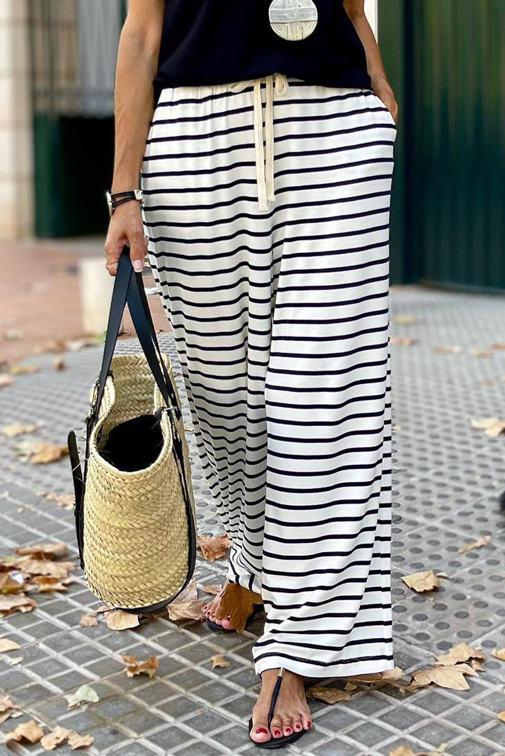 Stripe Drawstring Wide Leg Pants