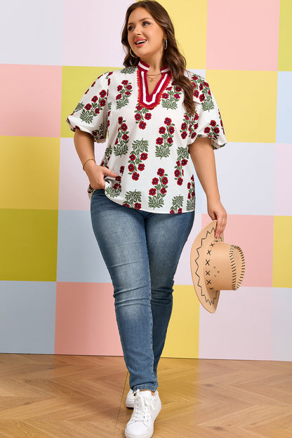 Plus Size Floral Ricrac Trim Short Sleeve Blouse