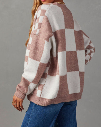 Checker Colorblock Button Front Cardigan