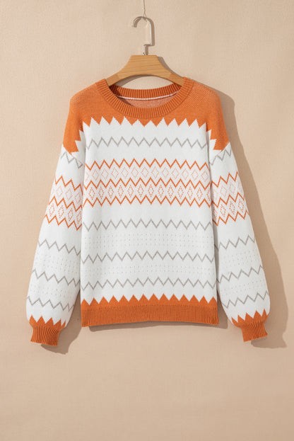 Geometric Zigzag Stripe Crewneck Pullover Sweater
