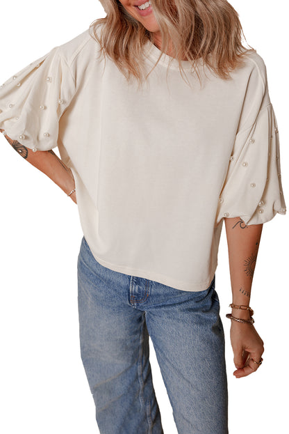 Pearl Puff Sleeve Round Neck Top