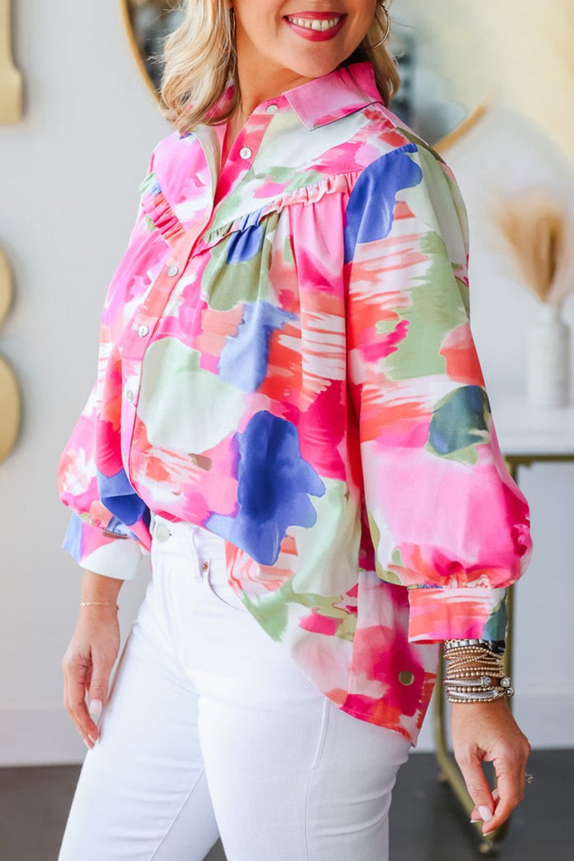 Abstract Lantern Sleeve Collared Shirt