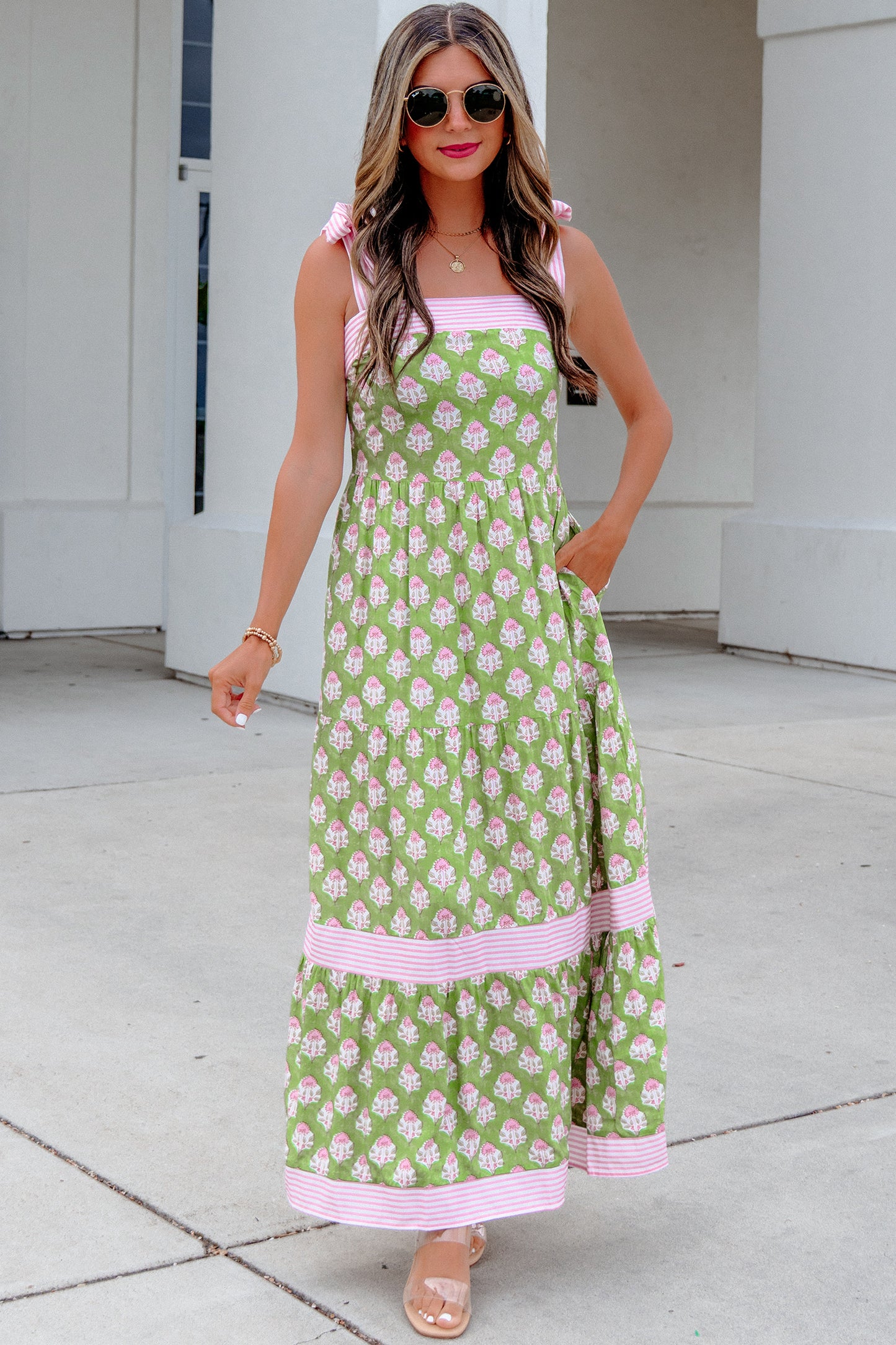 Floral Stripe Patchwork Knot Strap Maxi Dress