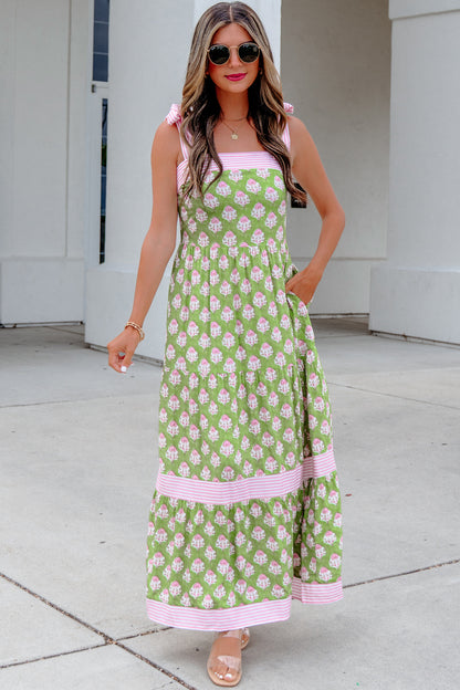 Floral Stripe Patchwork Knot Strap Maxi Dress