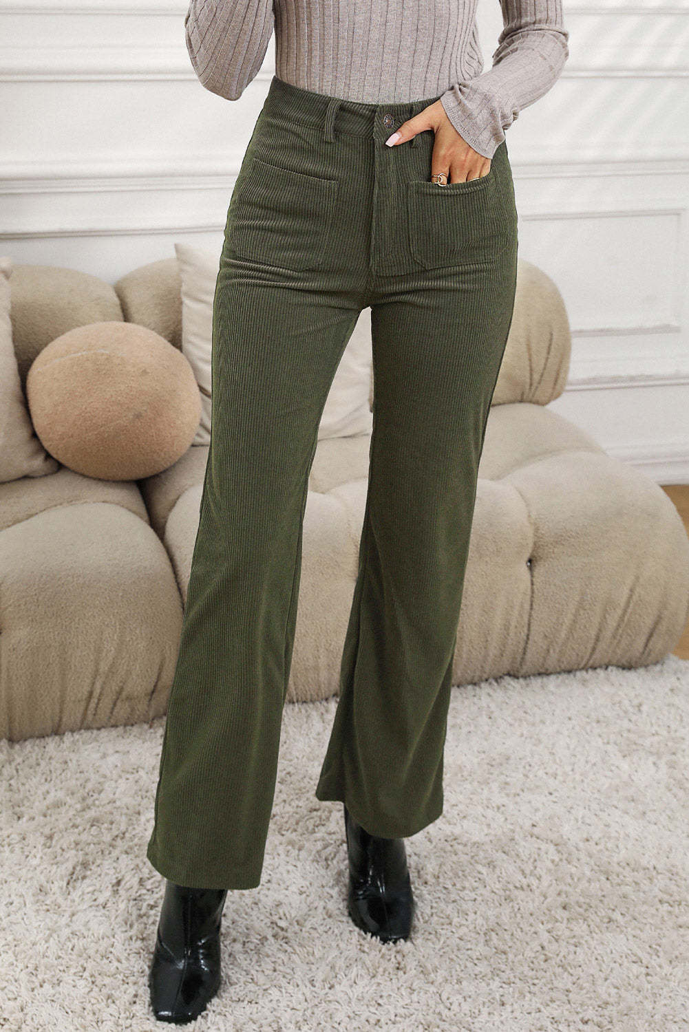 Corduroy High Waist Pocketed Pants