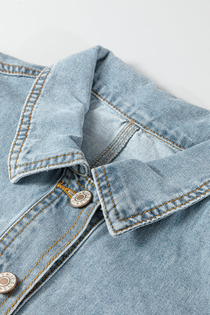 Light Wash Denim Drawstring Hem Buttoned Jacket