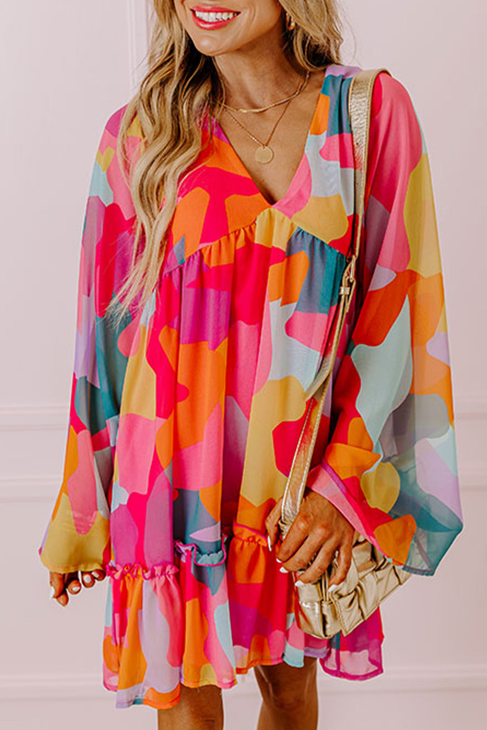 Abstract Bell Sleeve Babydoll Dress