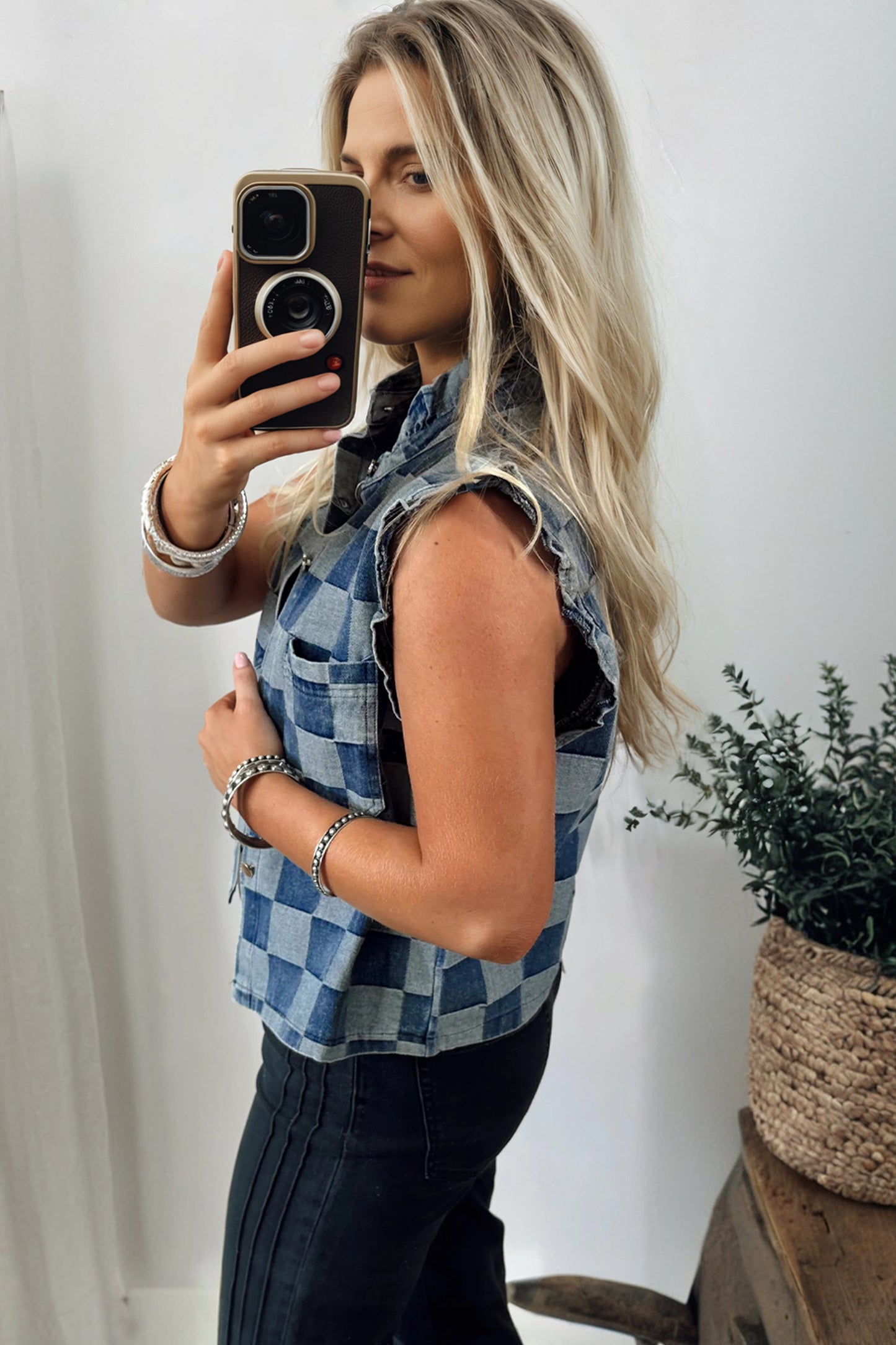 Checker Ruffle Trim Button Down Denim Vest